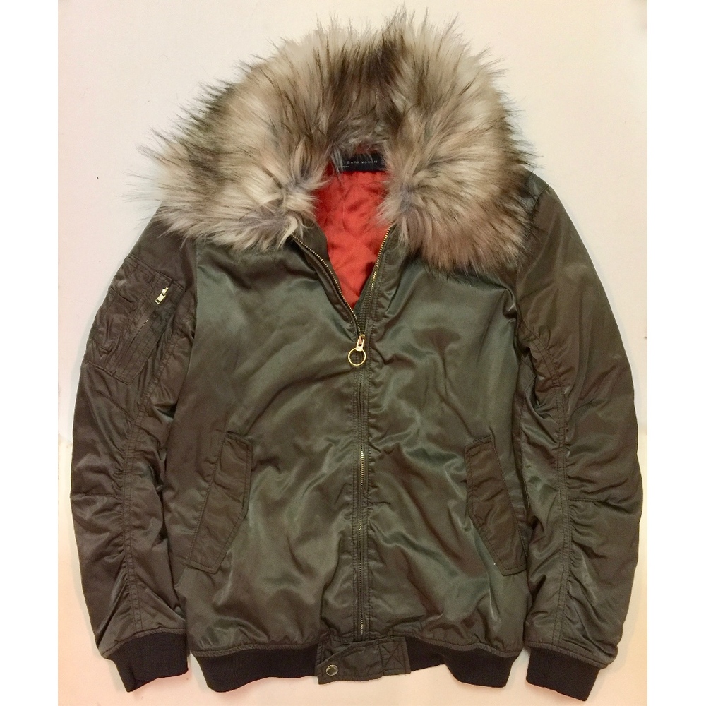 Zara Olive Green Bomber Jacket With Faux Fur
